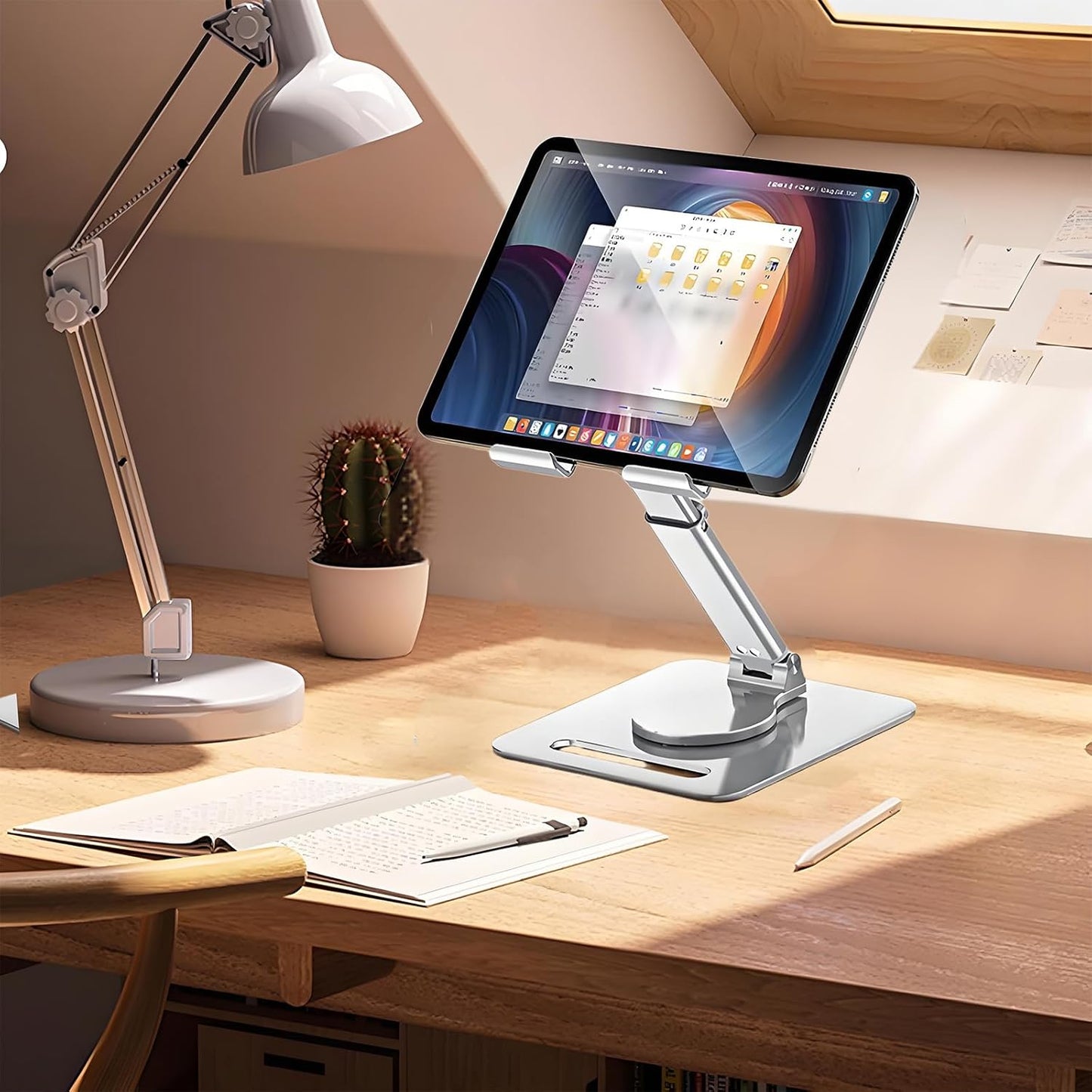 GuaziV 360° Rotating Tablet Stand - Adjustable iPad Tablet Holder for Desk, Foldable iPad Swivel Stand for Home & Office (Polished Silver)