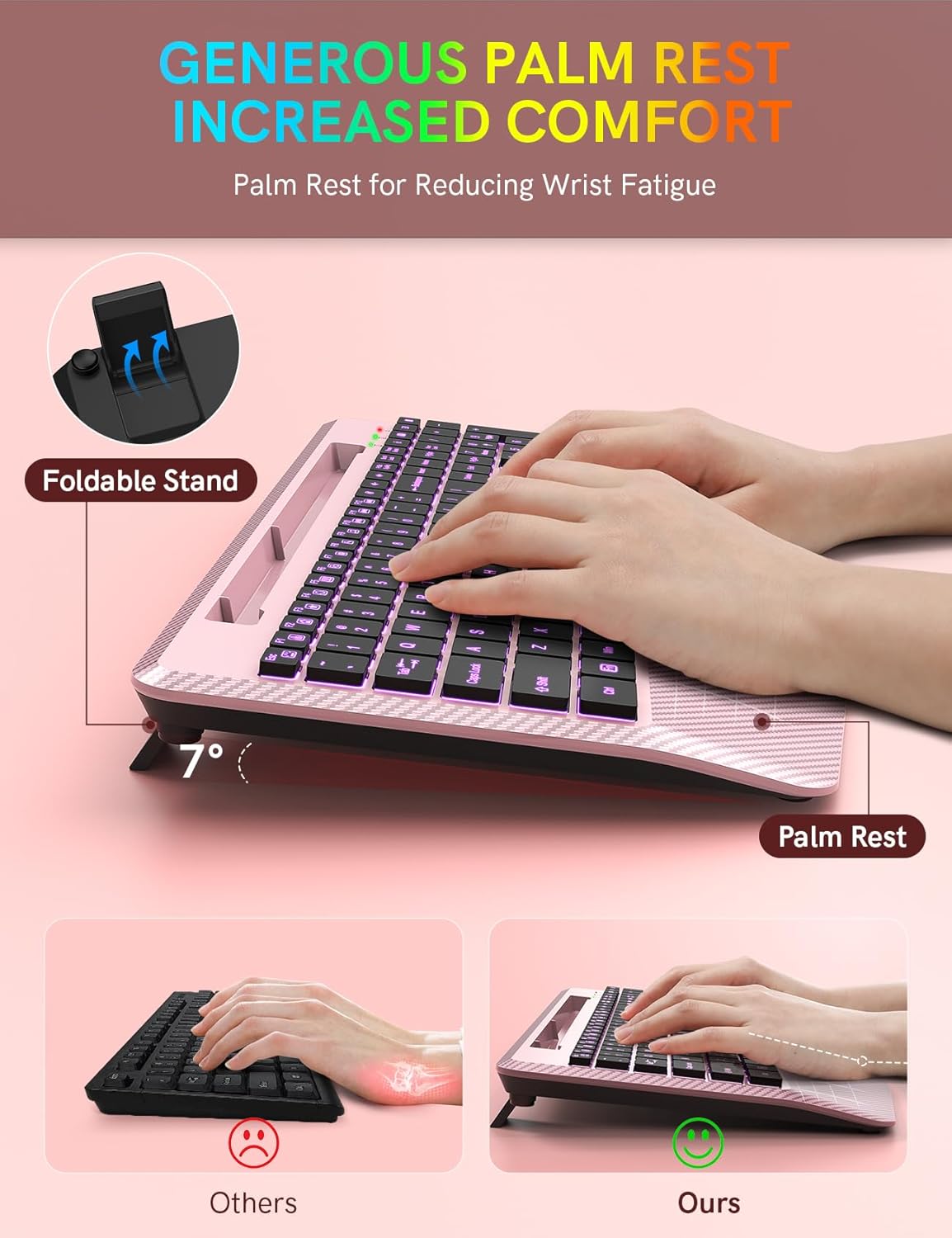 Wireless Keyboard with 7 Colored Backlits Wrist Rest, Phone Holder, Rechargeable Ergonomic Computer Keyboard with Silent Key, Full Size Lighted Keyboard for Windows, Mac, PC, Laptop (Rose gold)