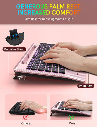 Wireless Keyboard with 7 Colored Backlits Wrist Rest, Phone Holder, Rechargeable Ergonomic Computer Keyboard with Silent Key, Full Size Lighted Keyboard for Windows, Mac, PC, Laptop (Rose gold)
