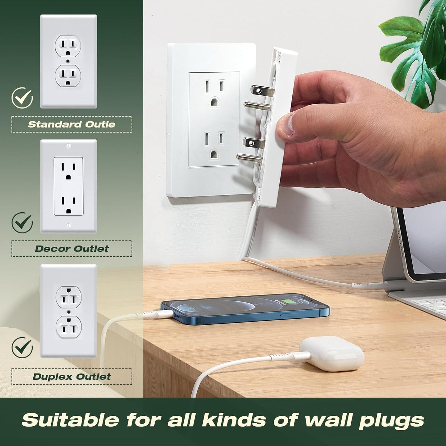 Saker Dual 5ft Flat Extension Cord with 6 Outlets, 1625W | Outlet Cover Extension Cord, Flat Plug, Baby Proof, Universal Size for Home, Kitchen, Office | Safe Outlet Concealer