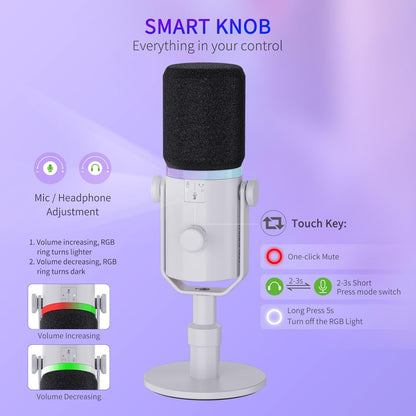 FEELWORLD PM1 XLR USB Dynamic Microphone with Desktop Stand Gifts for Podcast Recording PC Computer Gaming Streaming Vocal Voice-Over, Studio Metal Mic, RGB Light, Mute Button, Headphones Jack (White)