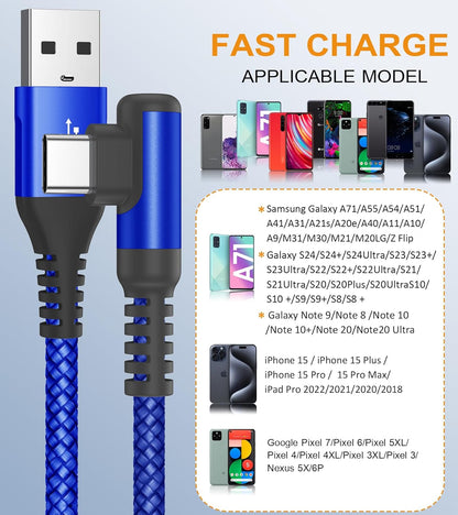 sweguard USB C Cable Right Angle [3Pack, 10FT+6.6FT+3.3FT], USB Type C iPhone 15 Charger Cable Nylon Braided Cord for iPhone 16 15 Pro Max Plus, Samsung Galaxy S25 S24 S23 S22 S21 S10 Note 20 10,Moto