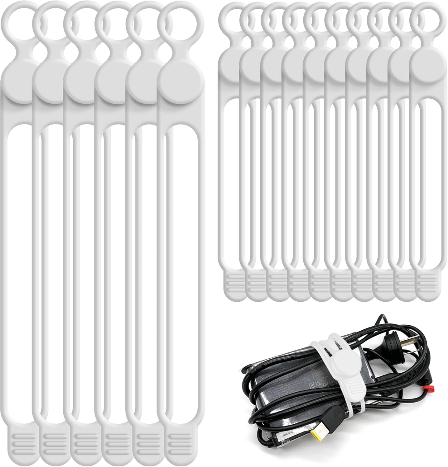 Nearockle Silicone Cable Ties Cord Organizer for Cable Management, 16PCS 4.2" and 7.1" Reusable Cable Organizer Electronic Accessories for Home, Office, Kitchen, School, Travel (White)