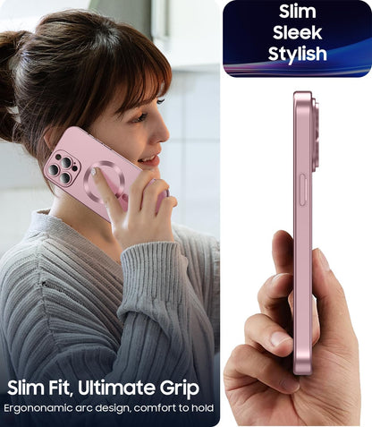 Magnetic for iPhone 15 Pro Max Case [Compatible with MagSafe][Built-in Camera Lens Protector] Slim Soft Silicone Bumper Shockproof Metallic Luster Phone Case (Rose Gold)