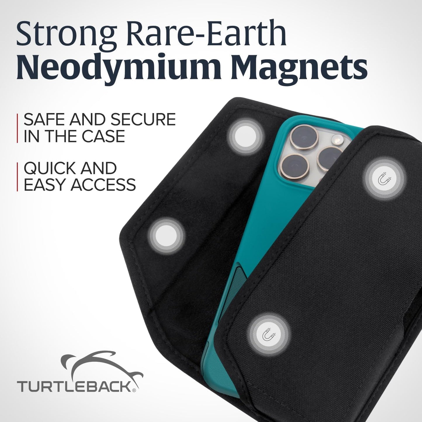 Turtleback Belt Clip for iPhone 16 Pro, 16e, 15 pro 14 Pro 13 Pro -Medium- Fits w/Shockproof Commuter Style Cases, Premium Black Nylon, Horizontal Belt Holder, Magnetic Closure HD Rotating Clip