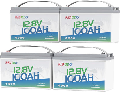 Redodo 4 Pack 12V 100Ah Lithium LiFePO4 Battery, Group 31 Battery Built in 100A BMS, Up to 15000 Cycles, 10 Years Lifetime, Perfect for RV, Off Grid, Solar, Marine, Trolling Motor