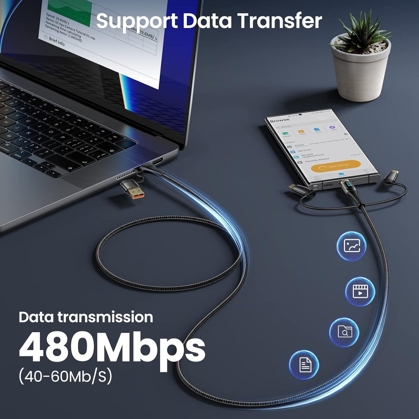USB C to Multi Charging Cable, USAMS 100W 4FT 5A Type C to Type C Fast Charger Charging Cord with LED Display 5-in-1 C/A to C/Micro/IP Sync Charger Adapter Compatible for Laptop/Tablet/Phone