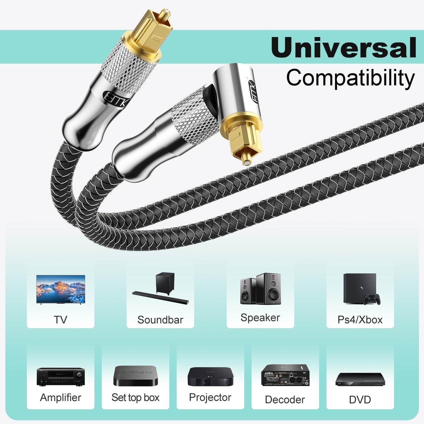 EMK Premium 24K Gold-Plated Right Angle Optical Cable – 90° Toslink to Toslink (1M/3Ft), 360° Rotatable for Soundbars, TVs & Home Theater