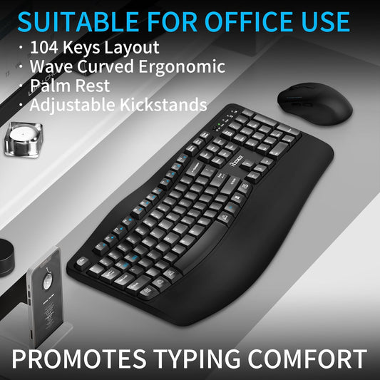Wireless Keyboard and Mouse Combo, Full Size Wave Keys Ergonomic 2.4G Keyboard with Wrist Rest for Natural Typing, 3 DPI Adjustable Ergonomic Silent Mouse for Computer/Laptop/Windows/Mac (Black)
