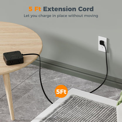 TESSAN Surge Protector Flat Plug Power Strip, Black Extension Cord, 8 AC Outlets, 3 USB Charger(1 USB C Port) 3 Side Outlet Extender, 5 Ft, 900 Joules Protection, Office Supplies, Dorm Essentials