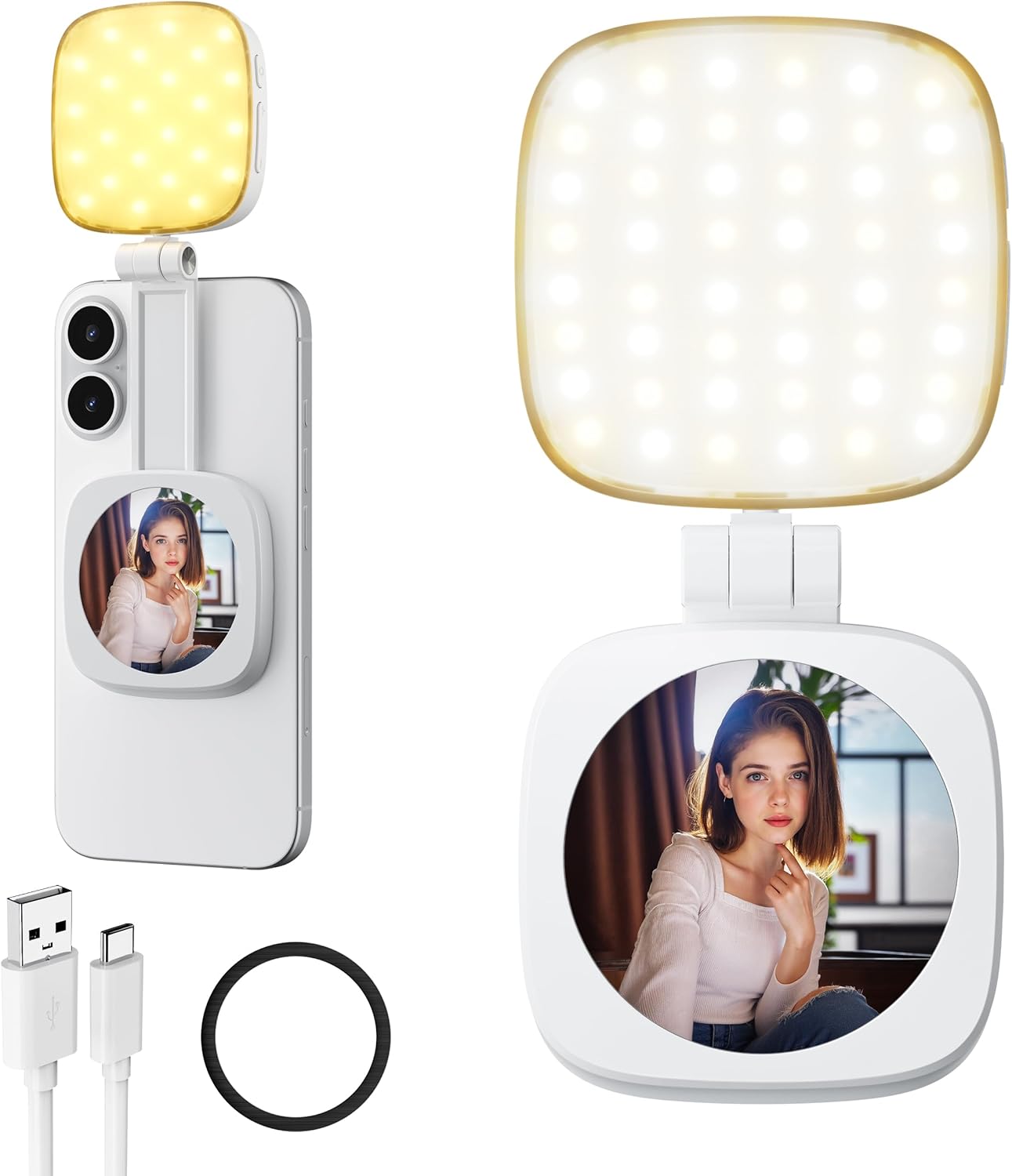 Magnetic Selfie Light for Phone: 5 Led Mode with Mirror Compatible for iPhone & Android - Rechargeable Portable Fill Light for Photography/Video Recording/Conference/Vlog/Makeup - White