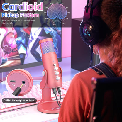 ZealSound USB Gaming Microphone for iPhone PC Type C Phone,Noise Cancellation,K66 RGB Condenser Mic with Controllable Led Lights,Echo,Touch Mute,Monitor,Gain for Podcast,Gaming,Podcasting,ASMR (Pink)