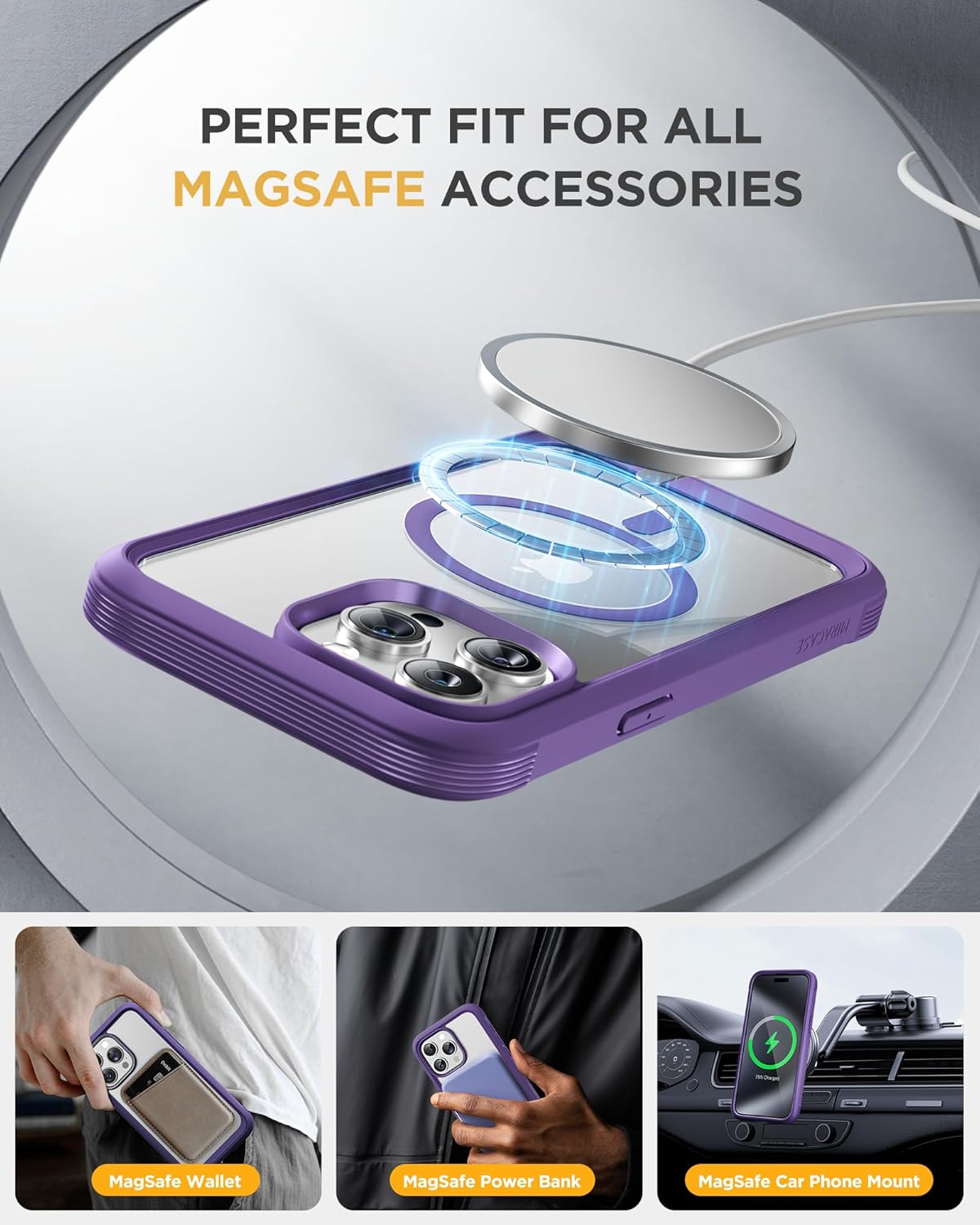 Miracase Magnetic for iPhone 12 Pro Max Case [Compatible with MagSafe] Full-Body Phone case with Built-in Glass Screen Protector& Camera Protector, Military Drop Proof 12 Pro Max Cover, Purple