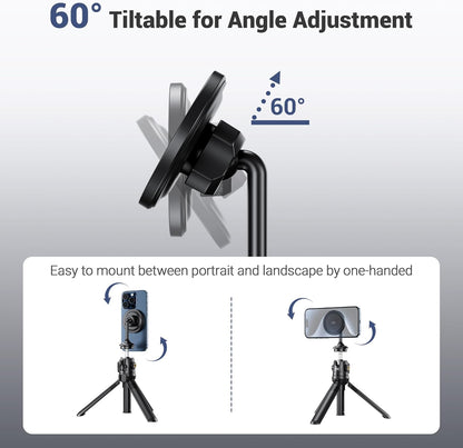 Magnetic Phone Tripod Mount Adapter with Arca Base&1/4" Screw Hole Compatible with MagSafe, 60° Tilt iPhone Tripod Holder for iPhone 17 16 15 14 13 12 Pro Max Plus, Selfie Stick Tripod Arca Ball Head