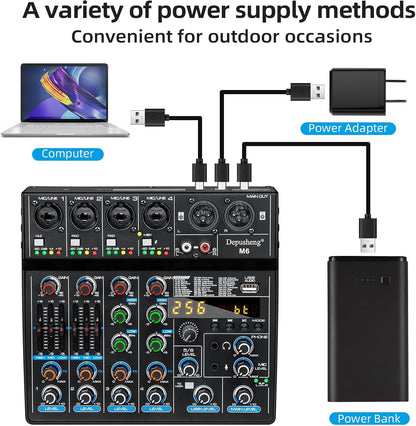 Depusheng M6 Portable Mini Mixer 6-Channel Audio Mixer DJ Console with Sound Card, Bluetooth Function, USB, 48V Phantom Power for PC Recording Webcast Party with 256 DSP