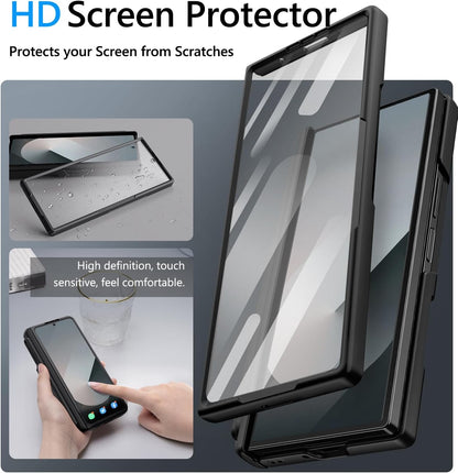 Vihibii for Samsung Galaxy Z Fold 6 Case with S Pen Holder & Card Holder & Slide Camera Cover & Screen Protector & Hinge Protection, Heavy Duty Rugged Wallet Phone Case for Galaxy Z Fold 6, Black