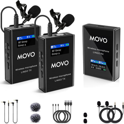 Movo Lingo-Duo 48-Channel UHF Wireless Lavalier Microphone System for Camera - Lav Mic Compatible with Canon, Nikon, and Sony DSLR Cameras - for Filmmaking, Vlogging, Interviews, Content Creation