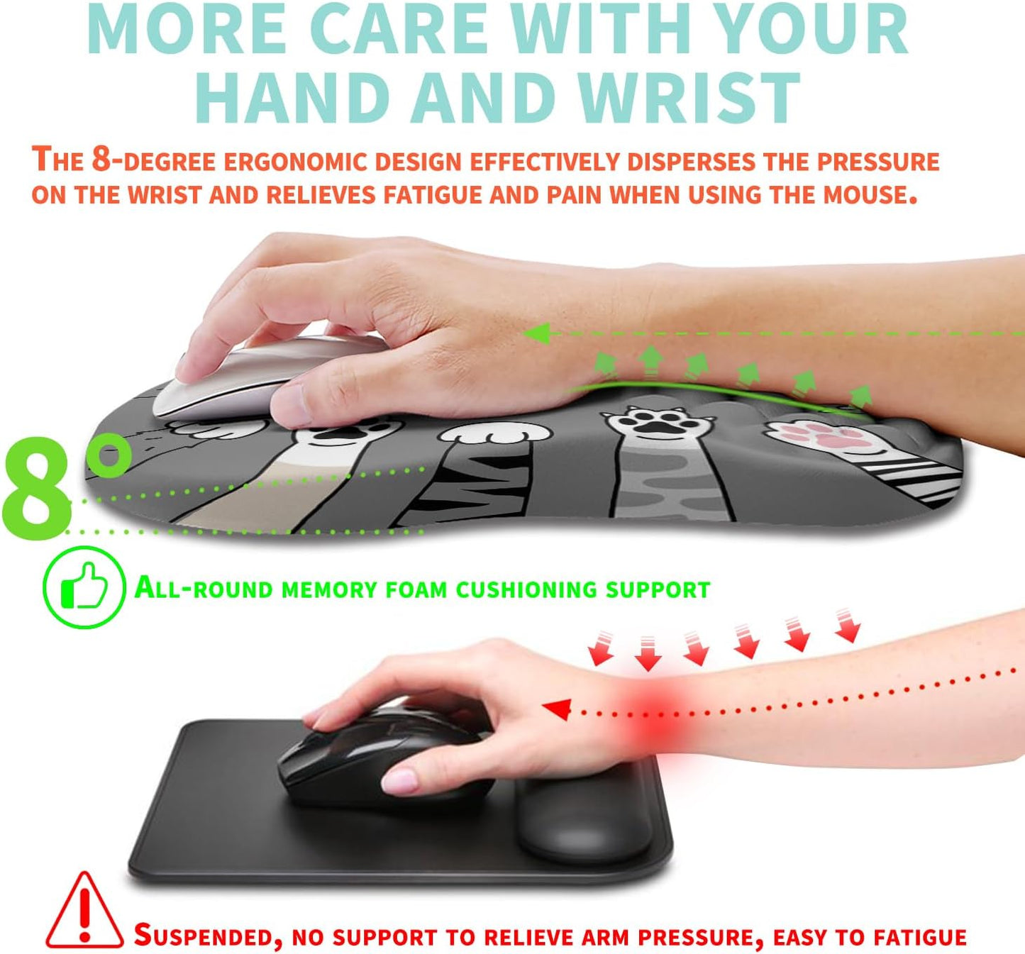 Ergonomic Mouse Pad Wrist Support with Memory Foam Massage Bulge, Carpal Tunnel Pain Relief Mousepad Wrist Rest for Mouse(12x8 inch, Paw)