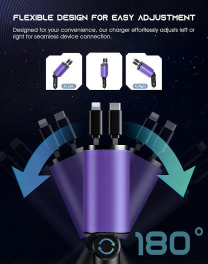 Retractable Car Phone Charger, 4 in 1 Fast Charge Car Phone Charger with 2 Retractable Cables(2.6ft) and 2 USB Ports, Compatible with iPhone15/14/15 Pro Max,Samsung (Purple)