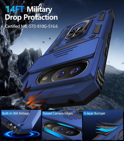 Taisairu for Google Pixel 9A Case with Screen Protector & Slide Camera Lens Cover,Built-in 360°Rotate Magnetic Ring Stand Shockproof Protective Phone Case for Google Pixel 9A Case (Blue)