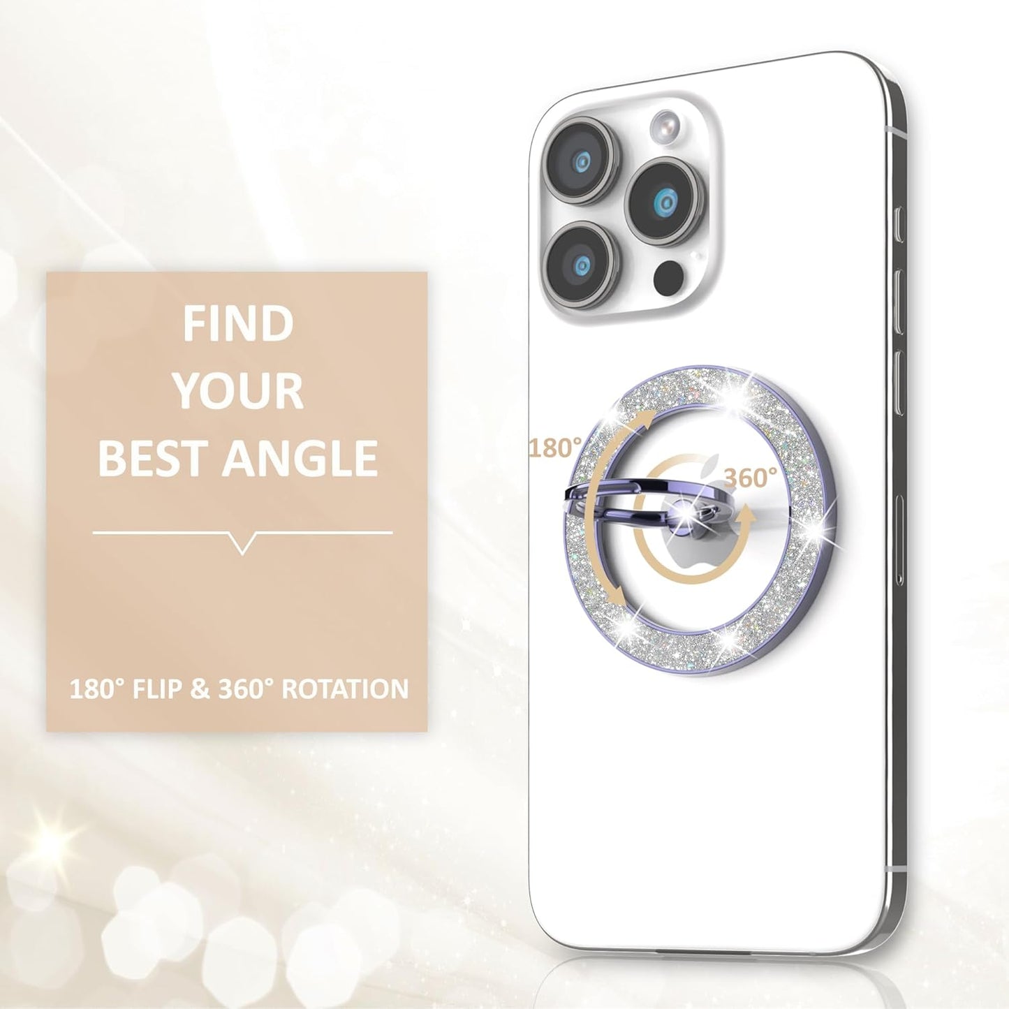 Magnetic Phone Ring Holder for MagSafe, Magnetic Phone Grip for iPhone, Compatible with iPhone MagSafe Wireless Charging. (Glitter Purple)