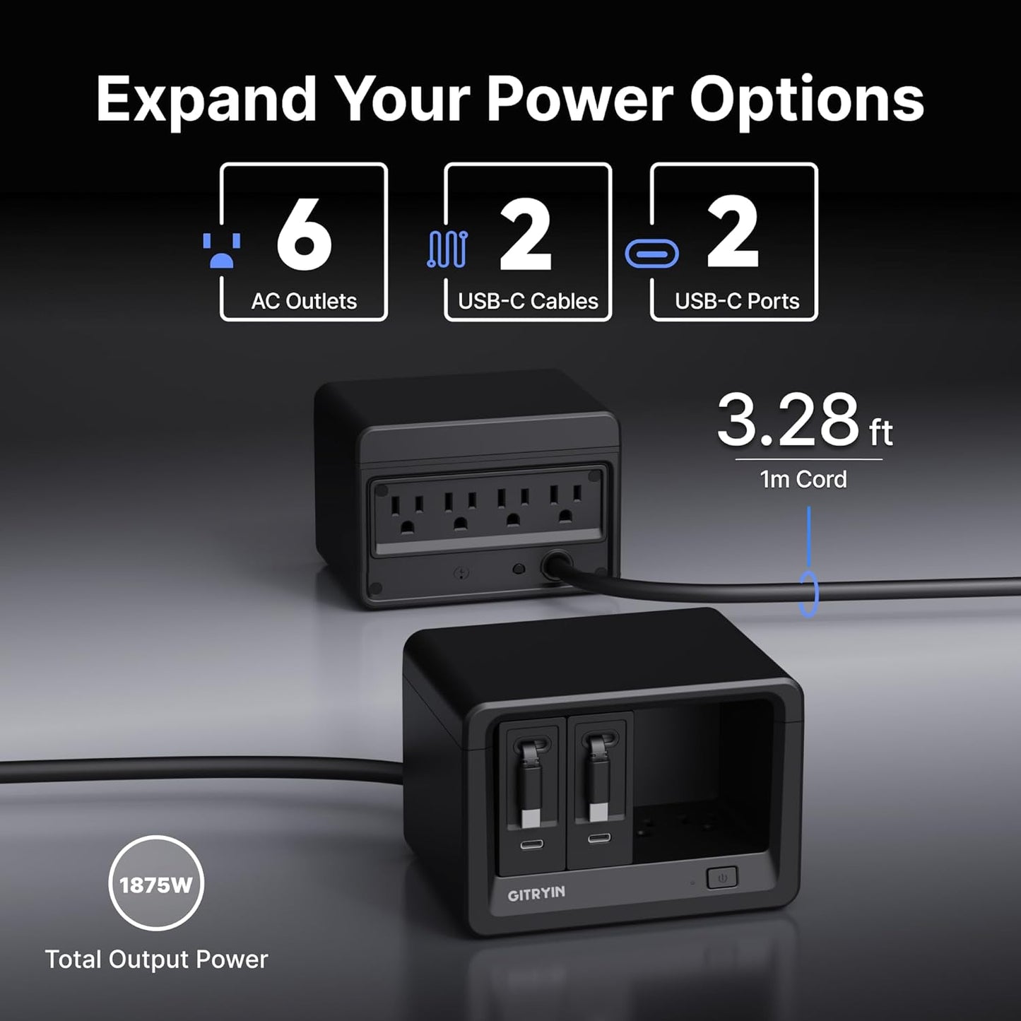 Gitryin 10-in-1 Desktop Charging Station with 2 Retractable Type-C Wall Chargers, 40W USB-C Power Strip with Flat Plug, Extension Cord with 1020J Surge Protection for Home Office