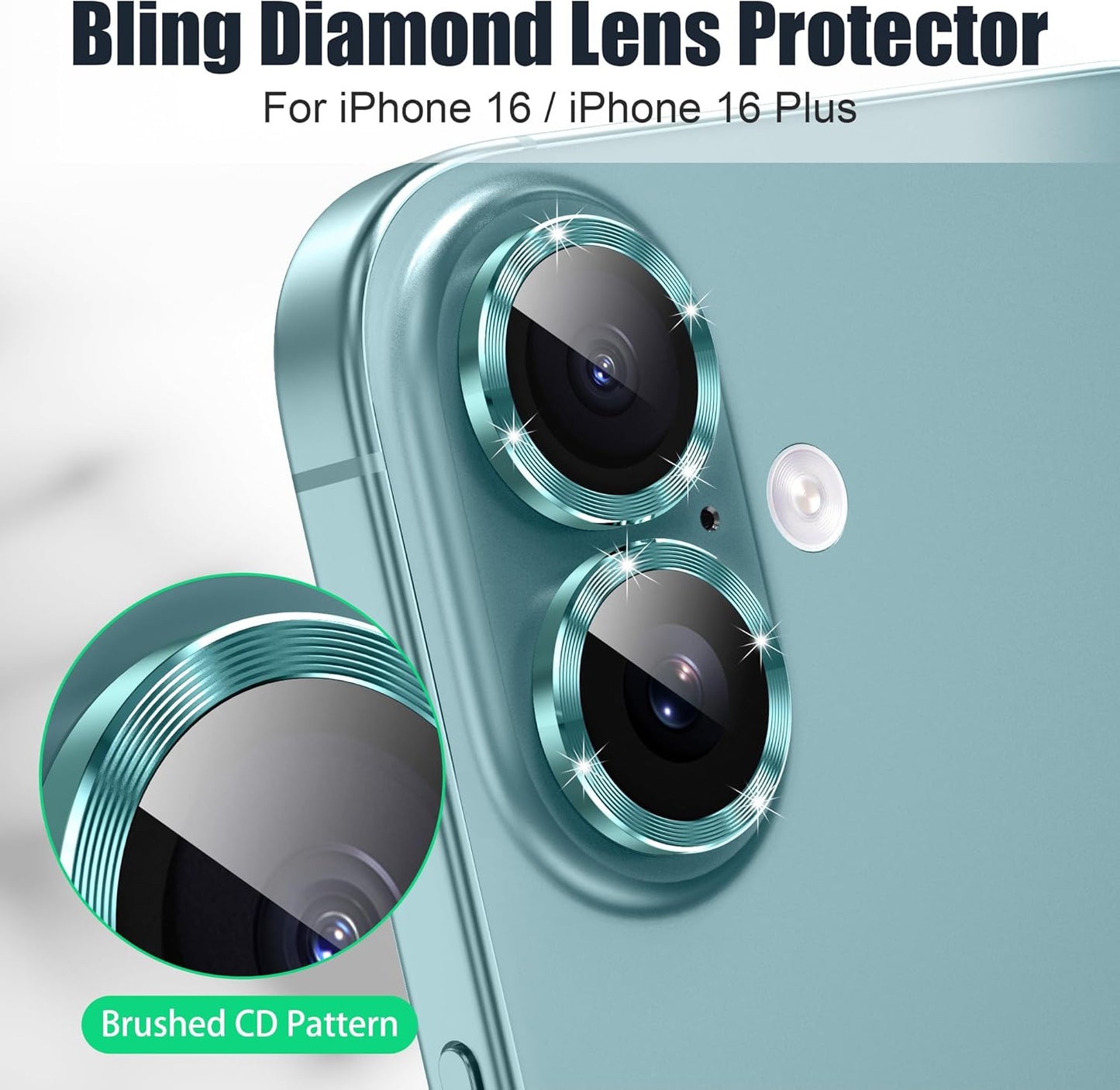 AGVEE 3+3 6 Pack for iPhone 16 6.1" / 16 Plus 6.7" Camera Lens Cover Protector, Bling Glitter & CD-Textured Metal Ring 9H Tempered HD Glass Camera Cover Protector Film, Glitter-Green