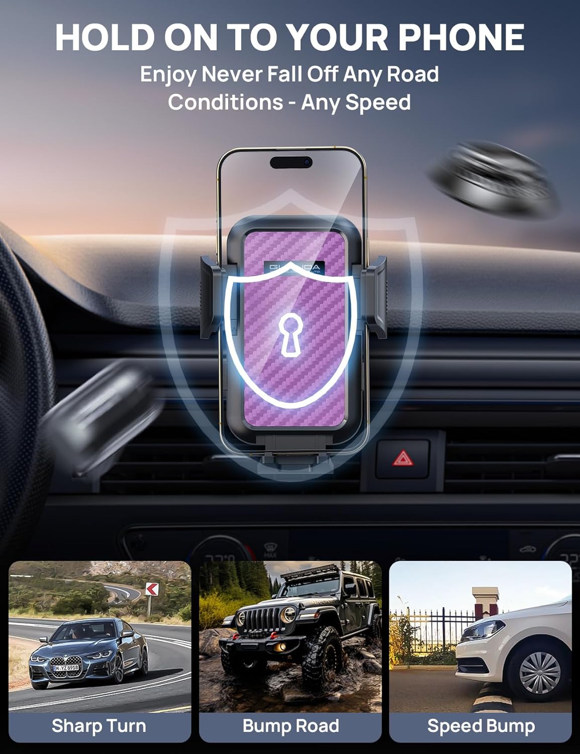 GUANDA TECHNOLOGIES CO., LTD. Dashboard Phone Holders for Your Car, Military Grade Stable, Non-Slip Silicone Carbon Fiber Car Phone Mount, Rotatable Suction Cup for All Phones, Purple