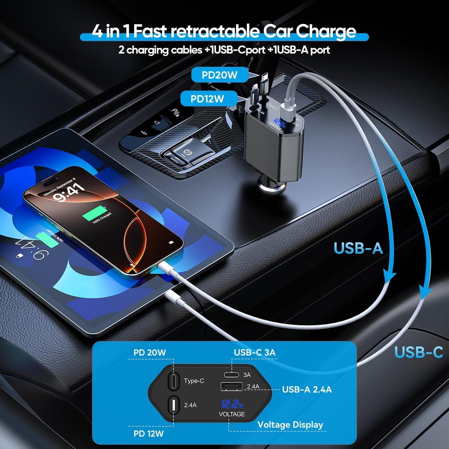 66W Retractable Car Charger,CarCharger Fast Charging 4 in 1 Car Phone Charger Retractable USB C Cable,Type C to Lightning Cord,USB C Port and USB A Port Fast Charging for iPhone 16/15/14,iPad
