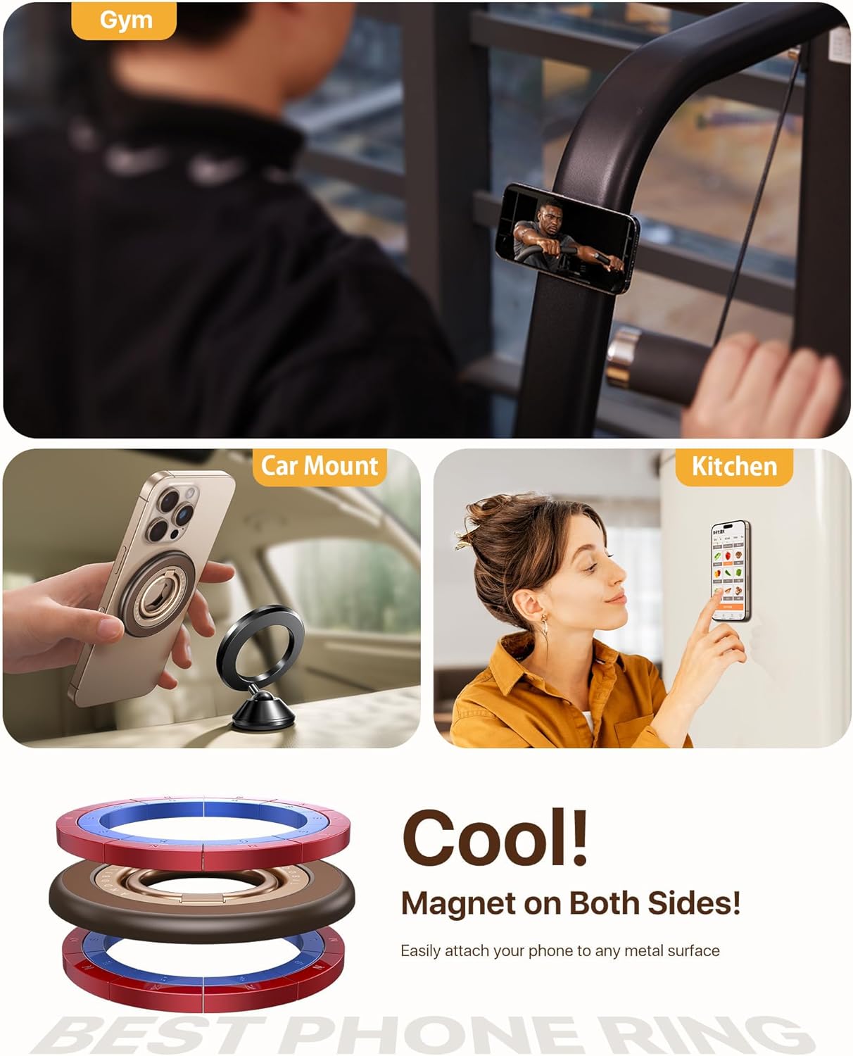 andobil [2025 Upgraded] Double-sided Magnetic Phone Grip for MagSafe [Sability Max] Strong Magnetic Phone Ring Holder Compatible with MagSafe Accessories, iPhone 16 Plus 15 14 13 12 Pro Max Mini Brown