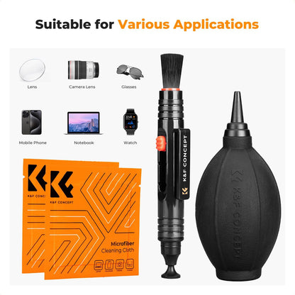 K&F CONCEPT 4-in-1 Camera Lens Cleaning Kit with Lens Cleaning Pen, Camera Air Blower, Microfiber Cleaning Cloth, Lens Cleaner Kit for Canon Nikon Pentax Sony DSLR Camera Lens Filter Cell Phones