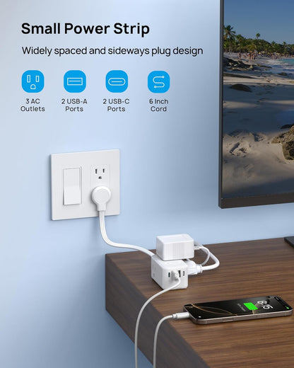 TROND Outlet Extender with 6 Inch Cord - Multi Plug Wall Outlet with PD 20W USB C Plug Adapter, Ultra Short Extension Cord, 3 Way Power Splitter for Bathroom Kitchen Office Dorm Travel Essentials