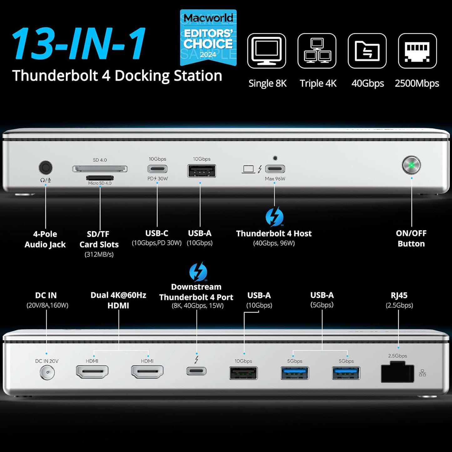 WAVLINK Thunderbolt 4 Hub with Dual HDMI 4K@60Hz,100W Charging, Thunderbolt Certified, 13-in-1 Thunderbolt 4 Dock Dual Monitor Single 8K Output for Windows or Mac, 4X USB, 2.5G Ethernet,SD/MicroSD