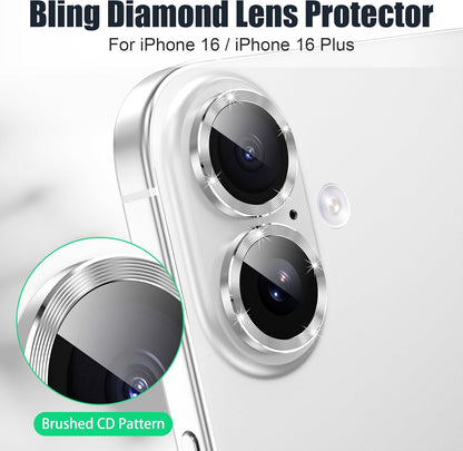 AGVEE 3+3 6 Pack for iPhone 16 6.1" / 16 Plus 6.7" Camera Lens Cover Protector, Bling Glitter & CD-Textured Metal Ring 9H Tempered HD Glass Camera Cover Protector Film, Glitter-Silver
