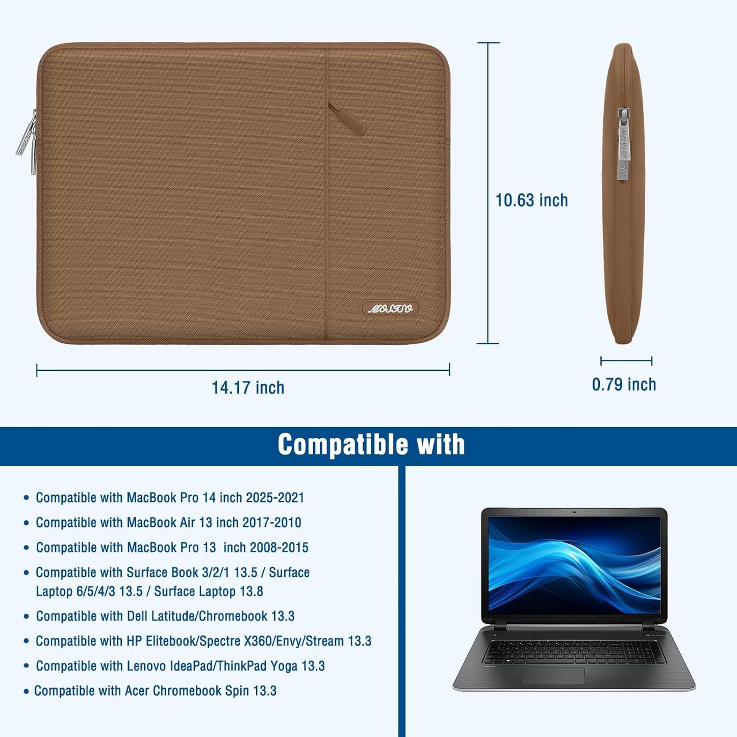 MOSISO Laptop Case 13.3 inch, 13-13.3 inch Laptop Sleeve Compatible with MacBook Air/Pro 13 / Pro 14, HP Dell ASUS Lenovo Notebook, Polyester Vertical Computer Sleeve Bag with Pocket, Mocha