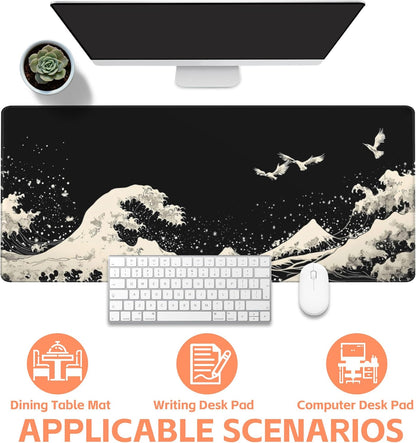 Mouse Pad Large White Wave Non-Slip Gaming Desk Mat with Stitched Edge Laptop Keyboard Desk Pad for Work Home Gaming (35.4 x 15.7 Inches)