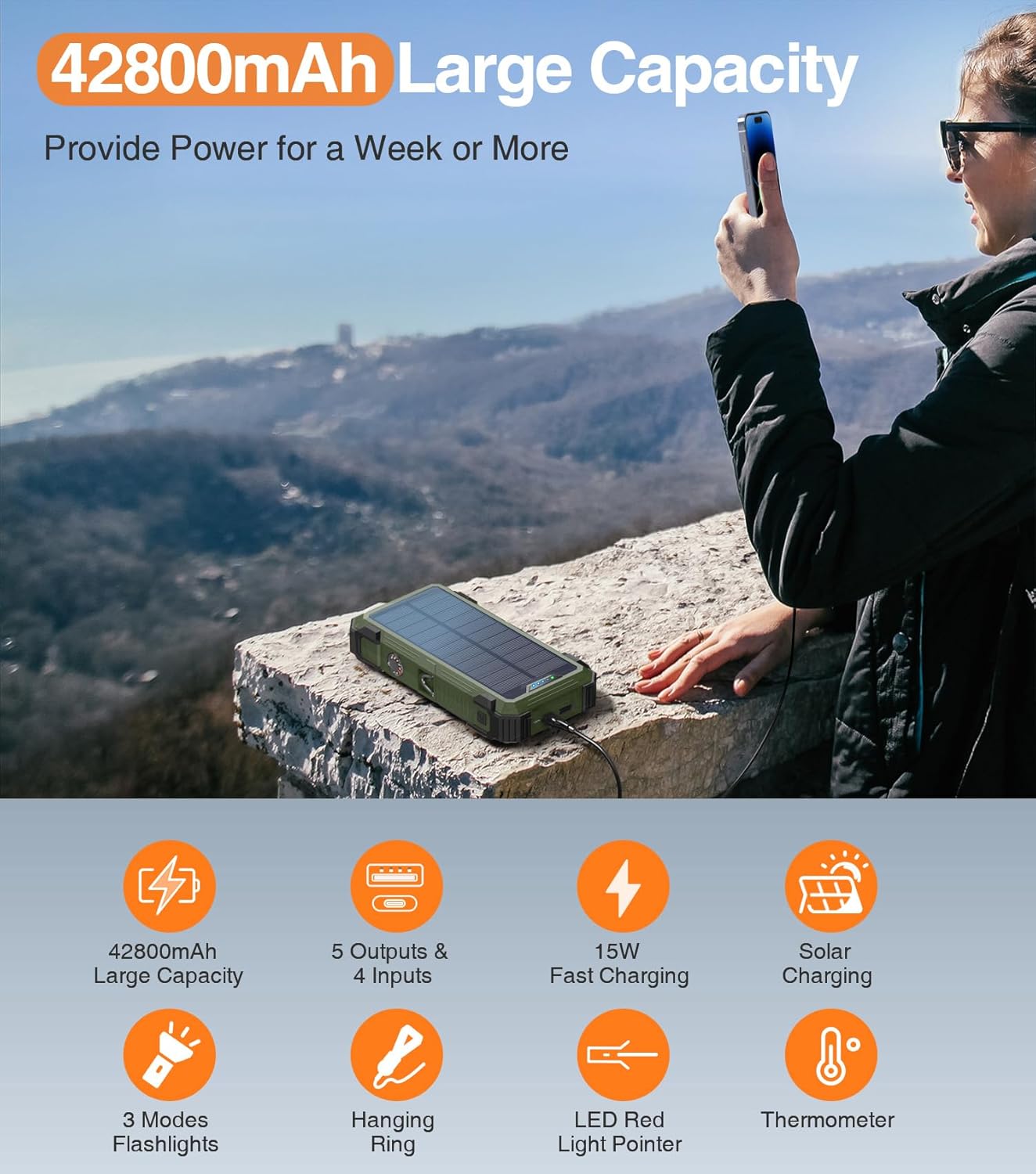 Army Green Solar Power Bank 42800mAh, 15W Wireless Portable Charger with Built-in Cables, 5 Outputs & 3 Inputs, Outdoor Battery Pack with LED Flashlight, Fast Charging for iPhone, Samsung, iPad