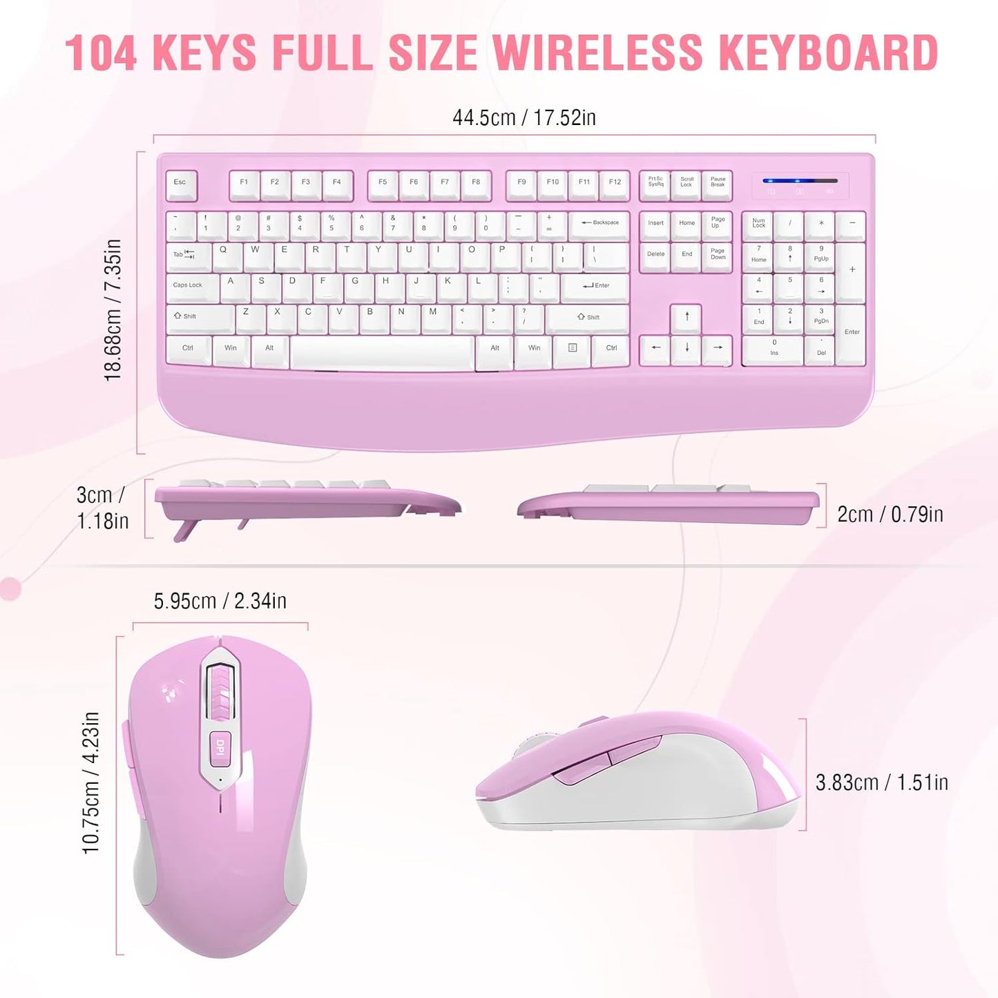 Wireless Keyboard and Mouse Combo, EDJO 2.4G Full-Sized Ergonomic Computer Keyboard with Wrist Rest and 3 Level DPI Adjustable Wireless Mouse for Windows, Mac OS Desktop/Laptop/PC(White Pink)