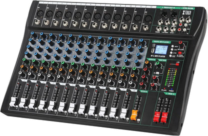 XTUGA 12 Channel Audio Mixer Sound Board Mixing Console, Audio Interface PC USB Bluetooth with 48V Phantom Digital Effect for DJ Live Recording Studio Karaoke(CT120)