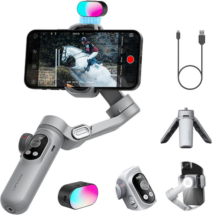 Gimbal Stabilizer for Smartphone,RGB Magnetic Refill Light Set,OLED Display LED Light Focus Wheel, Professional 3-axis stabilizer for Android &iPhone, AOCHUAN XPRO KIT Grey