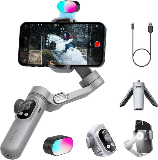 Gimbal Stabilizer for Smartphone,RGB Magnetic Refill Light Set,OLED Display LED Light Focus Wheel, Professional 3-axis stabilizer for Android &iPhone, AOCHUAN XPRO KIT Grey