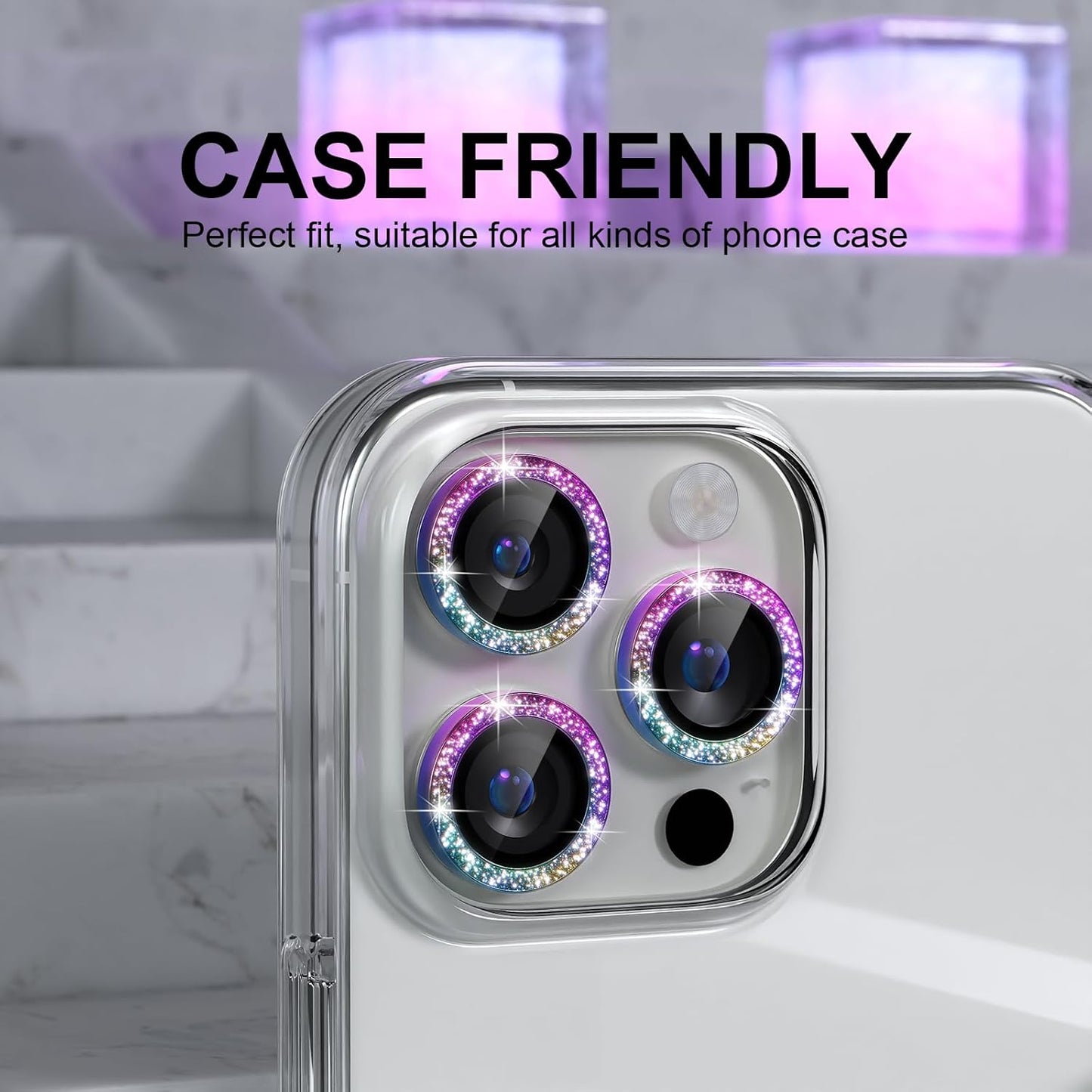 Choiche Compatible for iPhone 16 Pro/iPhone 16 Pro Max Camera Lens Protector Bling, 9H Tempered Glass Camera Cover Screen Protector Metal Ring Decoration Accessories (Glitter-Colorful)