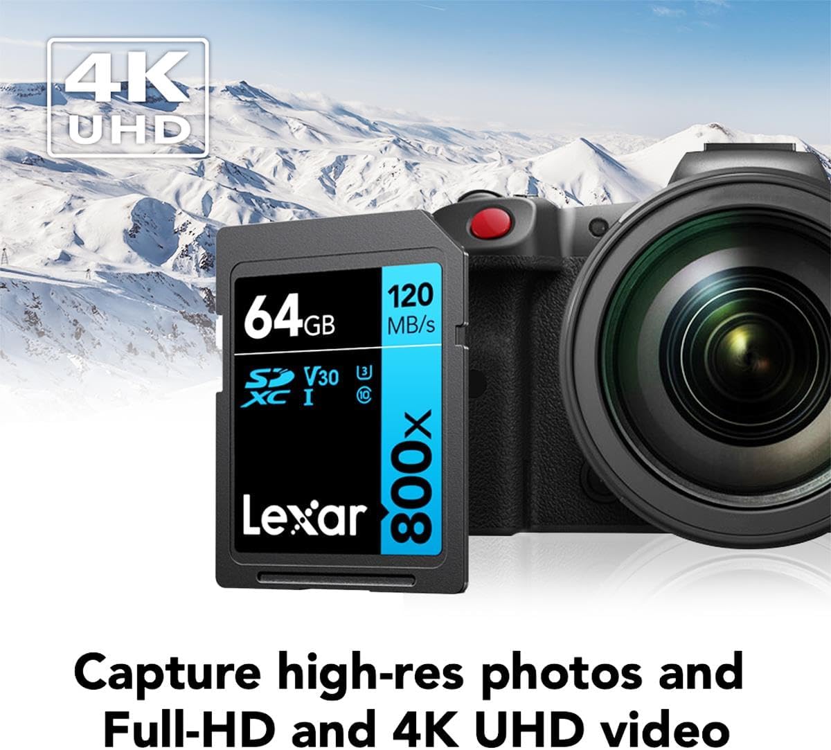 Lexar High-Performance 800x 64GB (2-Pack) SDXC UHS-I Memory Cards, C10, U3, V30, Full-HD & 4K Video, Up to 120MB/s Read, for Point-and-Shoot Cameras, Mid-Range DSLR, HD Camcorder (LSD0800064G-B2NNU)