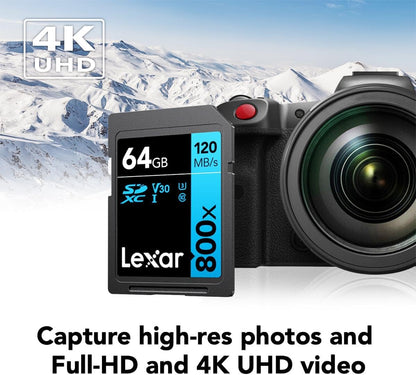 Lexar High-Performance 800x 64GB (2-Pack) SDXC UHS-I Memory Cards, C10, U3, V30, Full-HD & 4K Video, Up to 120MB/s Read, for Point-and-Shoot Cameras, Mid-Range DSLR, HD Camcorder (LSD0800064G-B2NNU)