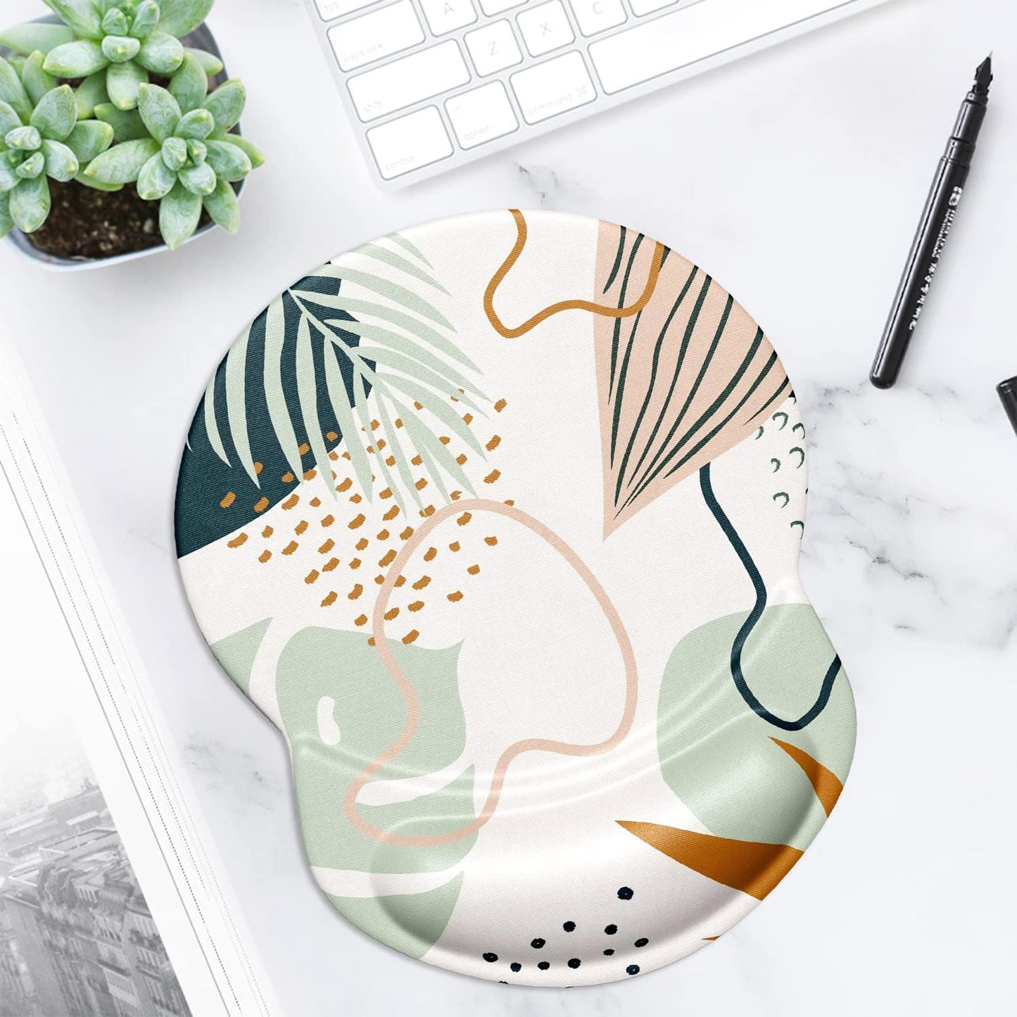 ITNRSIIET Ergonomic Mouse Pad with Gel Wrist Support Small Wrist Rest Smooth Surface Non-Slip PU Base Comfortable Office Supplies Pain Relief, 8.7 x 7.2 inches, Tropical Plants