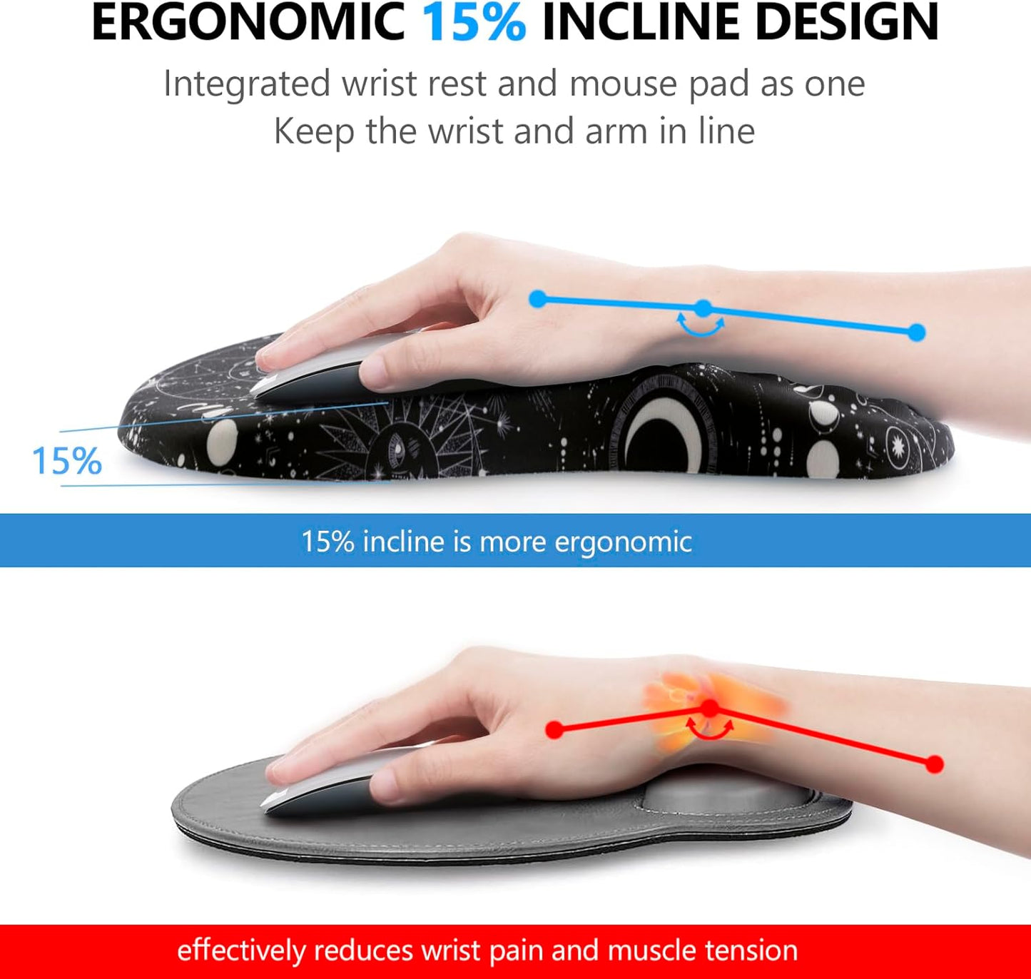 Mouse Pad Wrist Support, 2 in1 Keyboard Wrist Rest+ Ergonomic Mouse Pad, Non-Slip Wrist Rest for Computer Keyboard, Made Easy Typing & Relieve Wrist Pain(Sun Moon)