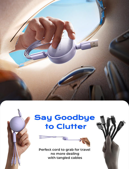 LISEN 3 in 1 Retractable Car & iPhone Charger Cord, Type C/L/Micro USB for iPhone/Samsung/PS/Kindle, Purple