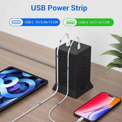 Power Strip Tower with Multiple Outlets 16.5 Ft Extension Cord Flat Plug with 12 AC Outlets 4 USB Ports (2 USB C), Power Tower Surge Protector with Individual Switches for Home Office Dorm Room, Black
