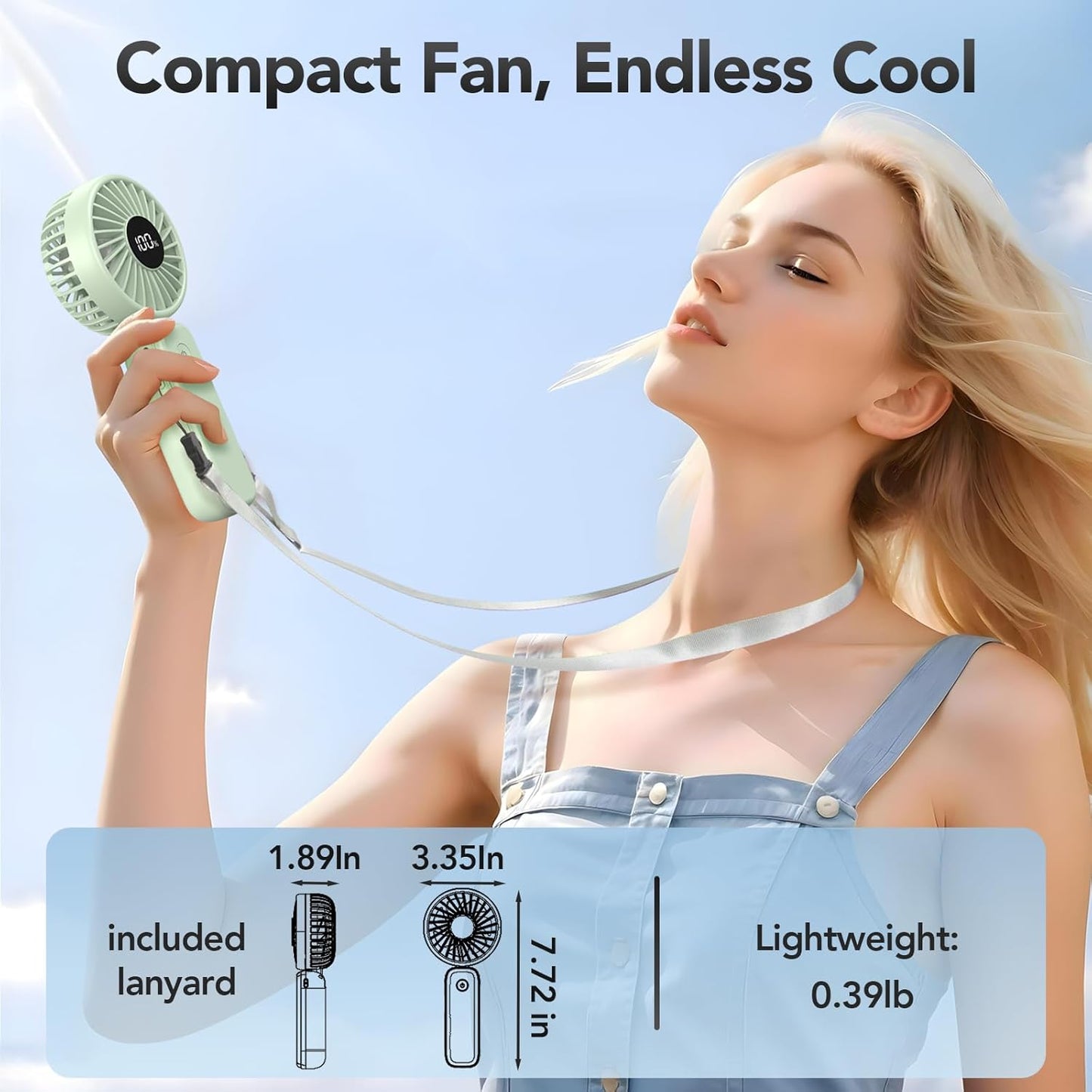 PANERGY Portable Handheld Fan, 5000mAh Rechargeable, 14H Max Cooling Time, 4 Gear Wind & LED Display, 90° Foldable Design, 3-IN-1 Mini Fan for Travel Working Concerts Makeup - Green