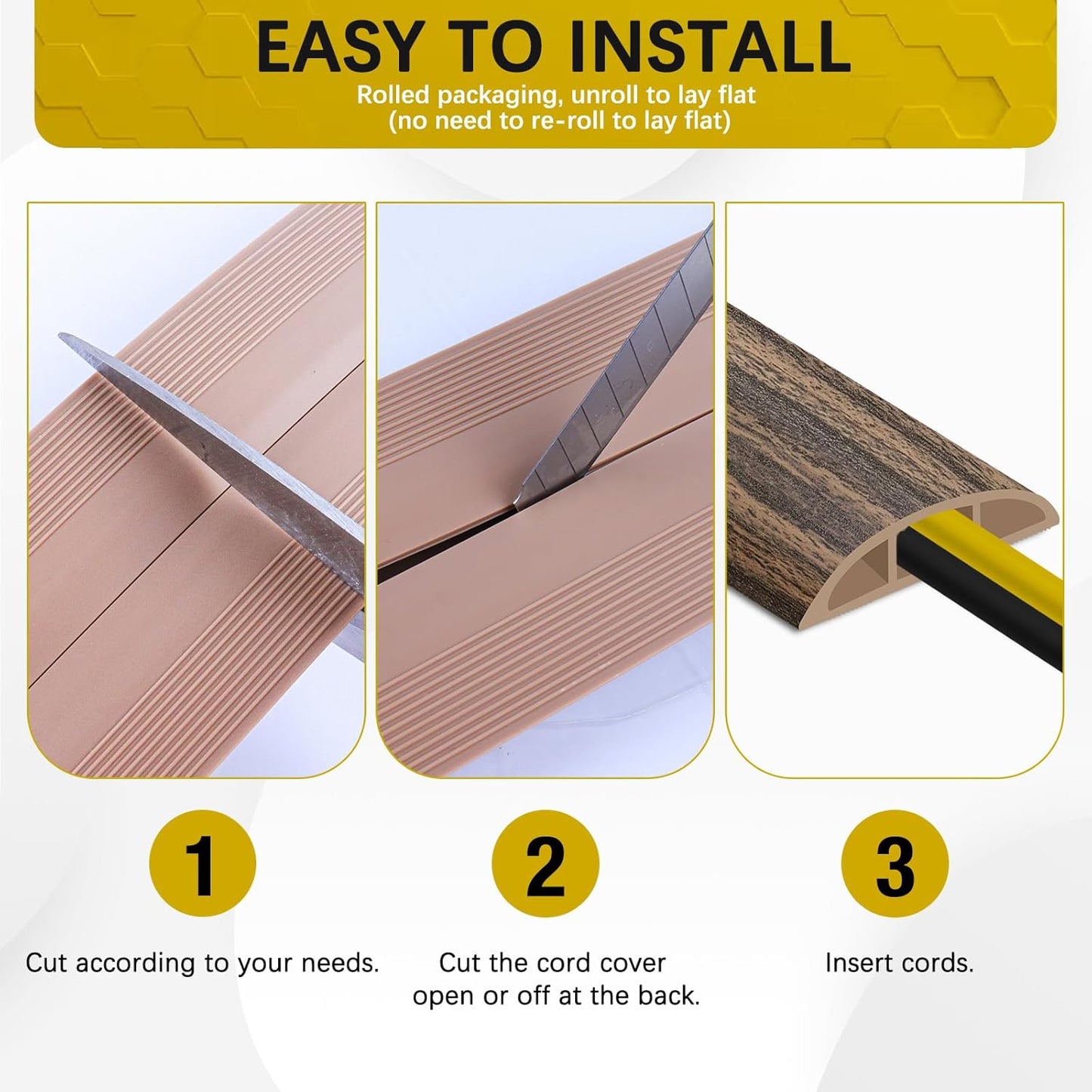 Floor Cord Cover 3.3FT Cord Covers for Wires on Floor Protect Wires & Prevent Trip Hazards, Easy to Cut for Home, Office, School, Concerts, Cavity W0.6in x H0.32in